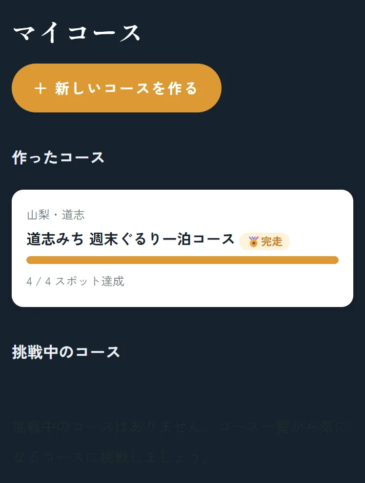 マイコース画面。作ったコースに完走バッジと4/4スポット達成の表示