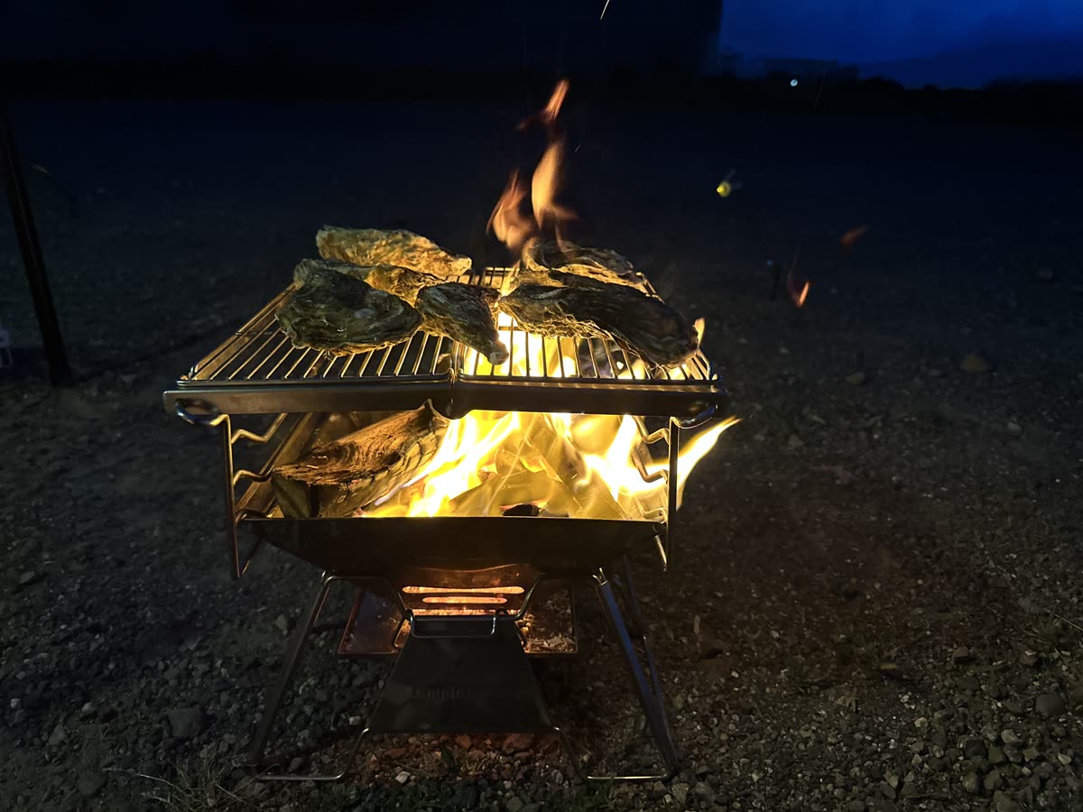 焚き火の網の上で焼かれる牡蠣