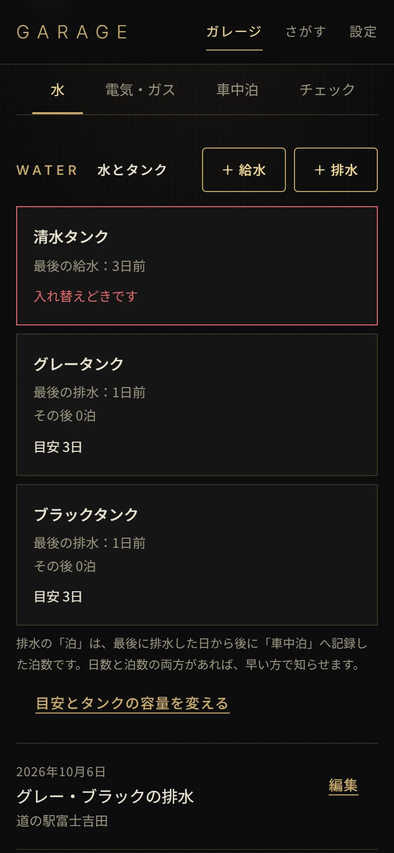 水とタンクの画面。清水タンクは最後の給水から3日で入れ替えどき、グレーとブラックは1日前に排水と出ている