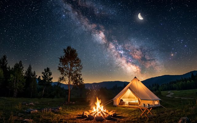 GEAR BASE の紹介画像。星空と天の川の下のベルテントと焚き火