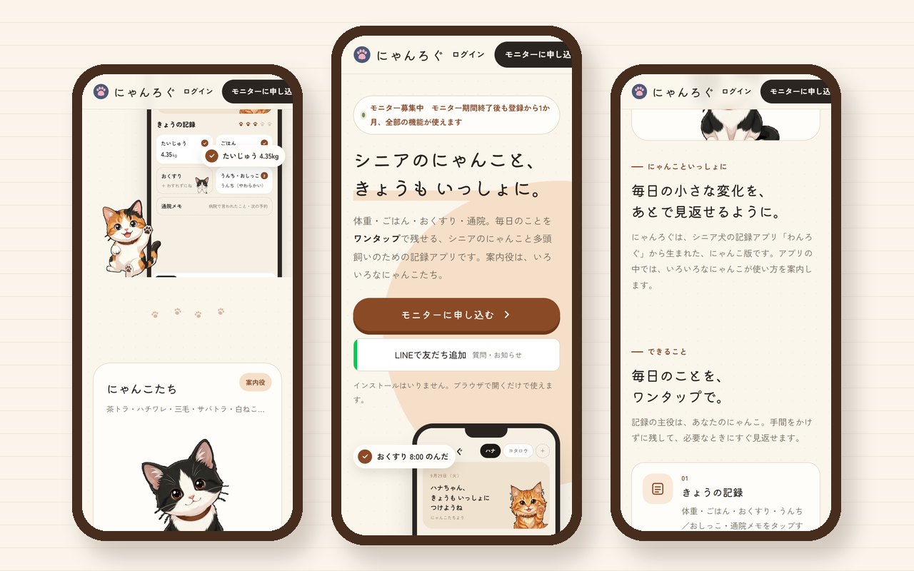 猫の健康記録アプリ「にゃんろぐ」の画面