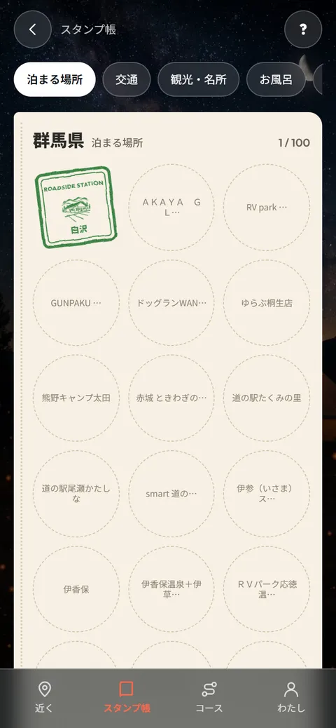 スタンプ帳の画面。群馬県の泊まる場所のページに押した判が並ぶ