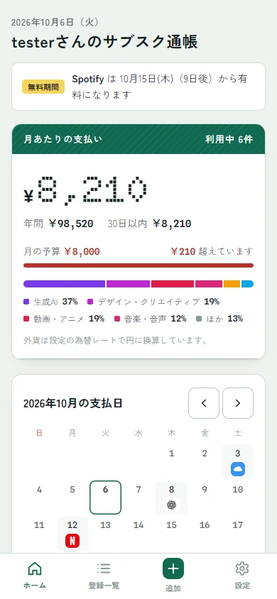 ホーム画面。月あたりの支払い8,210円、カテゴリ別の内訳、10月の支払日カレンダー